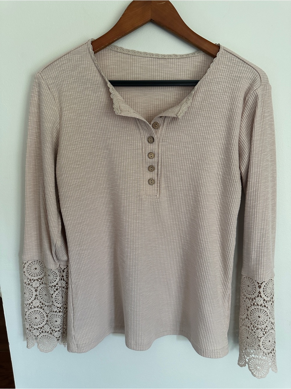 Ribbed Henley Long Sleeve Top with Lace Cuffs - Light Taupe